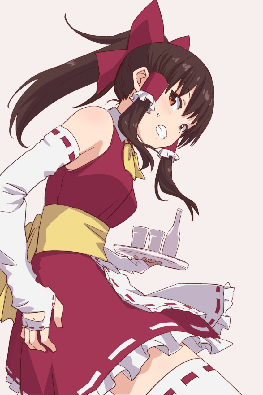 1girl alternate_costume apron bangs bare_shoulders black_hair blush bottle bow breasts clenched_teeth commentary_request cowboy_shot cup dress elbow_gloves enmaided eyebrows_visible_through_hair fingerless_gloves gloves grey_background hair_bow hair_tubes hakurei_reimu highres holding holding_tray leon_(mikiri_hassha) long_hair looking_at_viewer maid medium_breasts neck_ribbon petticoat ponytail red_bow red_dress red_eyes ribbon ribbon-trimmed_dress ribbon-trimmed_gloves ribbon-trimmed_legwear ribbon_trim sash short_dress sidelocks simple_background sleeveless sleeveless_dress solo sweat teeth thighhighs touhou tray waist_apron white_apron white_gloves white_legwear yellow_neckwear yellow_ribbon yellow_sash zettai_ryouiki