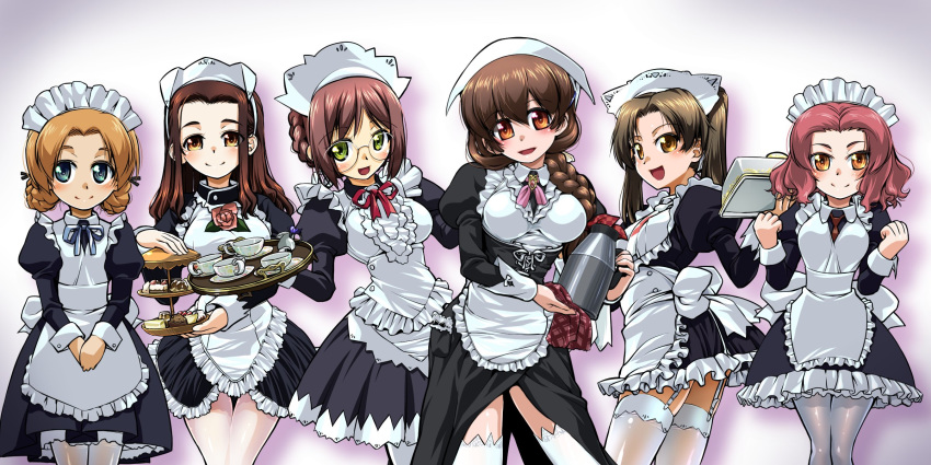 6+girls alternate_costume apron bandanna black_dress black_ribbon blue_eyes blue_neckwear braid breasts brown_eyes brown_hair clenched_hands closed_mouth collared_dress commentary_request crown_braid cup dress enmaided extra eyebrows_visible_through_hair eyes_closed flower frilled_apron frills garter_straps girls_und_panzer green_eyes hair_over_one_eye hair_ribbon hands_together head_tilt highres holding holding_tray juliet_sleeves light_blush long_sleeves looking_at_viewer maid maid_apron maid_headdress medium_breasts medium_dress multiple_girls neck_ribbon nilgiri open_mouth orange_hair orange_pekoe pantyhose petticoat pink_neckwear puffy_sleeves purple_background r-ex red_hair red_neckwear ribbon rose rose_bush rosehip round_teeth rukuriri saucer short_dress short_hair single_braid small_breasts smile standing teacup teapot teeth thighhighs tied_hair tiered_tray tray twin_braids twintails v_arms w_arms white_apron white_legwear