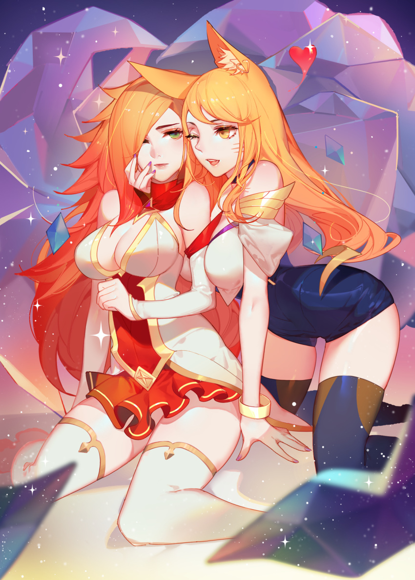 2girls absurdres ahri animal_ears bangle bare_shoulders between_breasts black_legwear blonde_hair bracelet breasts cleavage detached_sleeves fox_ears frilled_skirt frills gradient_hair green_eyes hair_over_one_eye heart highres idol jewelry k/da_(league_of_legends) k/da_ahri kneeling league_of_legends long_hair medium_breasts multicolored_hair multiple_girls nail_polish one_eye_closed open_mouth orange_hair paid_reward patreon_reward red_hair sarah_fortune sitting skirt songjikyo star_guardian_(league_of_legends) star_guardian_miss_fortune thighhighs very_long_hair wariza whisker_markings white_legwear yellow_eyes