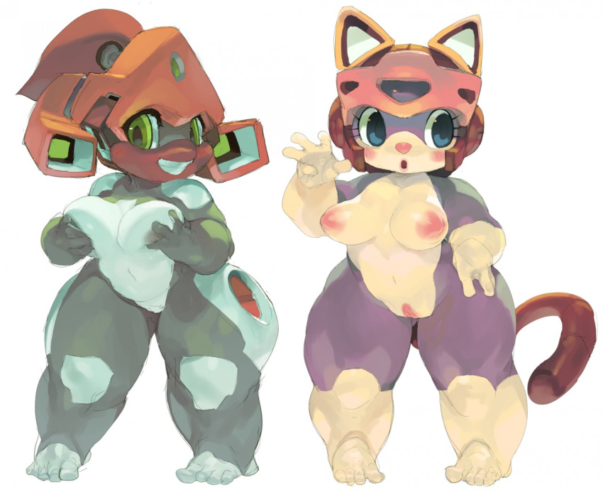 2014 blue_eyes blush breasts domestic_cat felid feline felis green_eyes koki mammal pussy samurai_pizza_cats