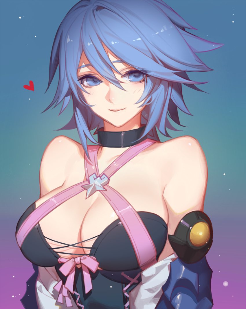 1girl aqua_(kingdom_hearts) bare_shoulders blue_eyes blue_hair breasts bustier choker cleavage closed_mouth criss-cross_halter detached_sleeves eyebrows_behind_hair gradient gradient_background hair_between_eyes halterneck heart highres kingdom_hearts kingdom_hearts_birth_by_sleep large_breasts paid_reward patreon_reward short_hair simple_background smile solo songjikyo upper_body