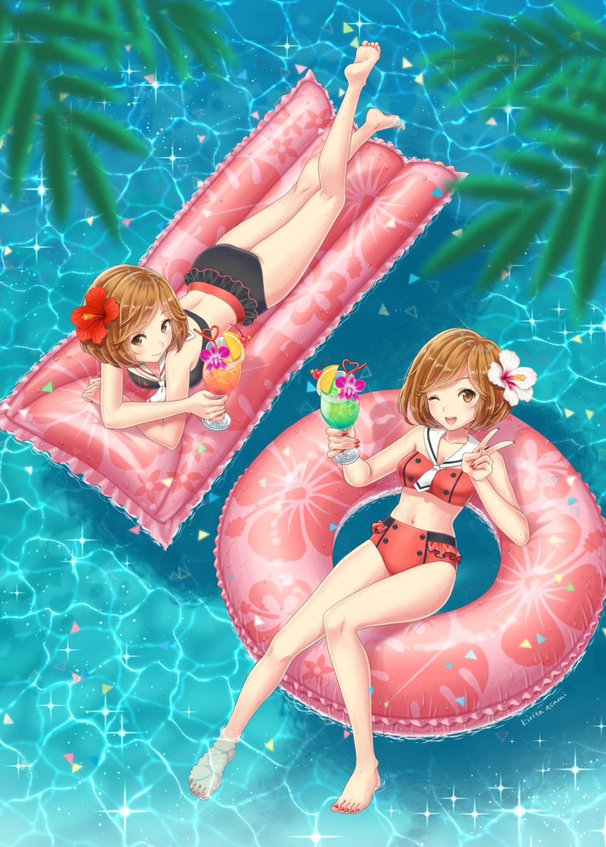 2girls :d alternate_costume asami_(undoundo) bangs bikini black_bikini brown_eyes brown_hair cocktail commentary_request cup day dual_persona fingernails flower from_above glint hair_flower hair_ornament hibiscus highres holding holding_cup hurricane_glass inflatable_raft innertube leg_lift looking_at_viewer lying multiple_girls nail_polish on_stomach one_eye_closed open_mouth outdoors palm_tree red_bikini red_nails sailor_collar sakine_meiko short_hair sitting smile soaking_feet summer swept_bangs swimsuit toenail_polish toenails tree upper_teeth v vocaloid water wet white_sailor_collar