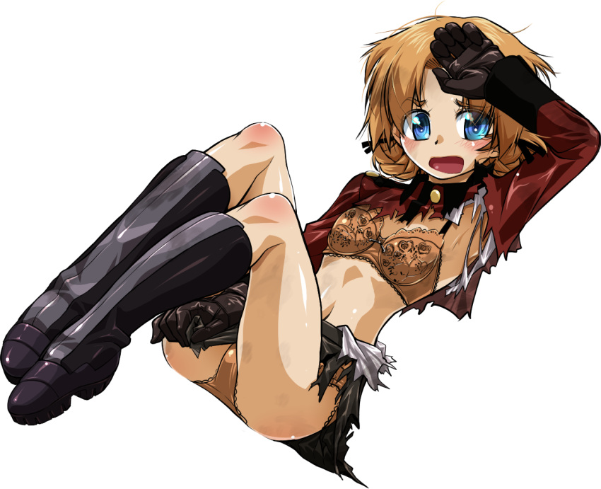 1girl bangs black_footwear black_gloves black_ribbon black_skirt blue_eyes blush boots bra braid commentary_request crotch_seam embarrassed epaulettes eyebrows_visible_through_hair frown girls_und_panzer gloves hair_ribbon invisible_chair jacket knee_boots lace lace-trimmed_bra lace-trimmed_panties legs long_sleeves looking_at_viewer military military_uniform miniskirt navel open_mouth orange_bra orange_hair orange_panties orange_pekoe panties parted_bangs pleated_skirt r-ex red_jacket ribbon short_hair sitting skirt skirt_tug solo st._gloriana's_military_uniform tied_hair torn_clothes torn_jacket torn_skirt transparent_background twin_braids underwear uniform