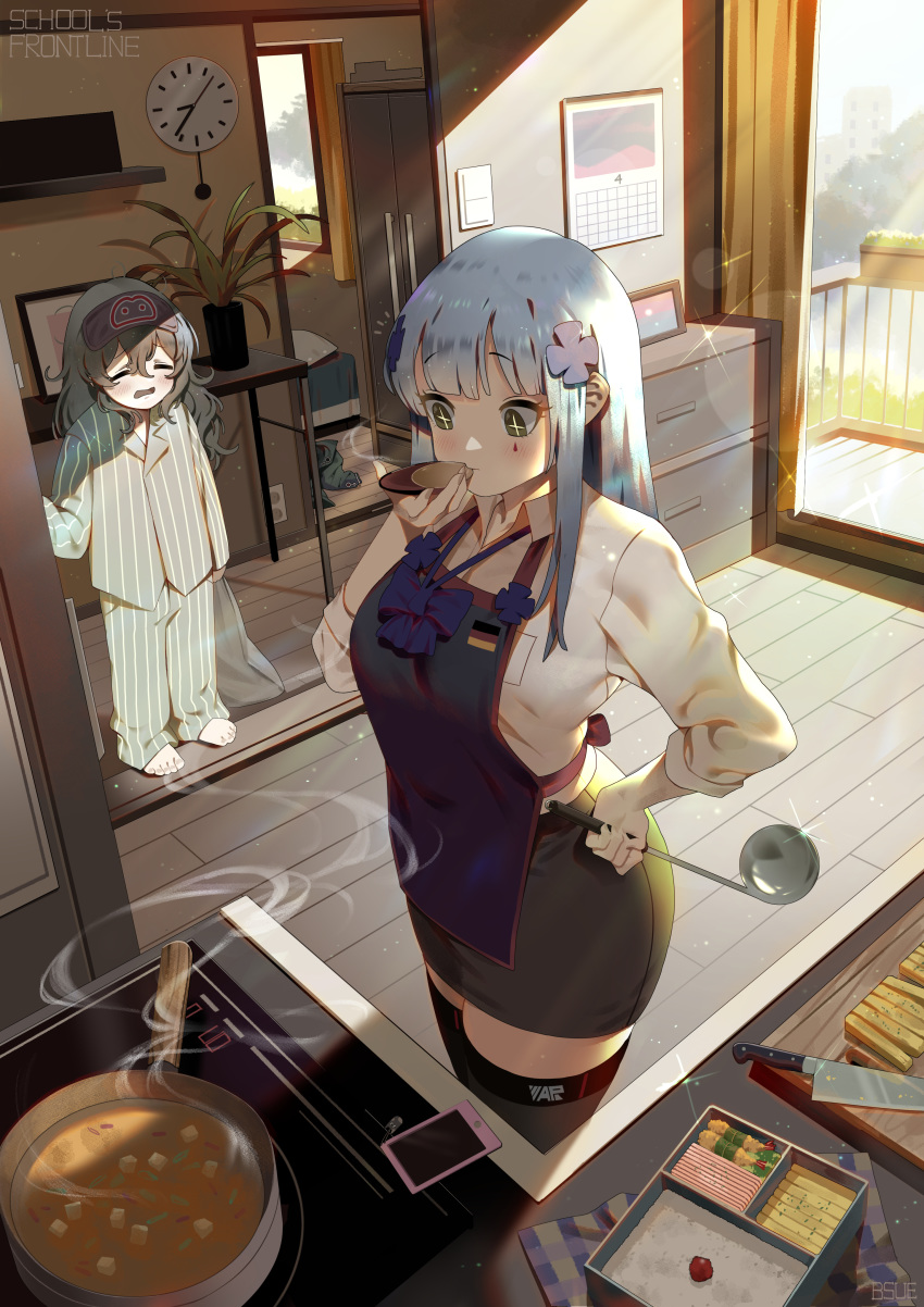 2girls absurdres alternate_costume apron bangs barefoot blush bsue cellphone collared_shirt eyebrows_visible_through_hair eyes_closed facial_mark g11_(girls_frontline) german_flag girls_frontline green_eyes grey_hair hair_between_eyes highres hk416_(girls_frontline) indoors knife long_hair long_sleeves multiple_girls obentou pajamas phone shirt silver_hair smartphone standing thighhighs white_shirt