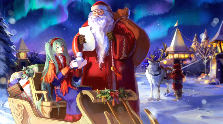 animal aqua_eyes aqua_hair building christmas dress glasses gloves hat hatsune_miku horns kirayoci long_hair male night paper santa_claus santa_costume santa_hat snow snowman stars vocaloid white_hair winter