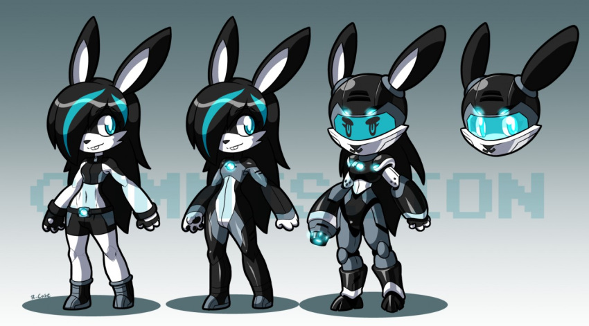 anthro armor bonbon chibi clothing female gloves hair helmet lagomorph long_hair machine mammal rabbit robot rongs1234 solo tight_clothing