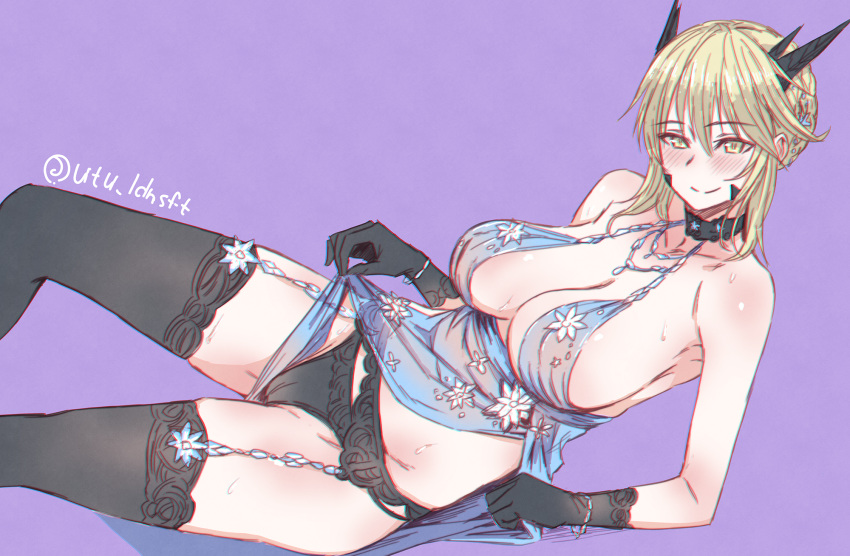 1girl artoria_pendragon_(all) artoria_pendragon_(lancer_alter) bare_shoulders black_gloves black_legwear black_panties blonde_hair blush bracelet breasts choker cleavage erect_nipples eyebrows_visible_through_hair fate/grand_order fate_(series) game_cg garter_belt gloves highres horns jewelry large_breasts lingerie looking_at_viewer lying on_back panties purple_background royal_icing simple_background smile solo sweat thighhighs underwear utu_(ldnsft) yellow_eyes