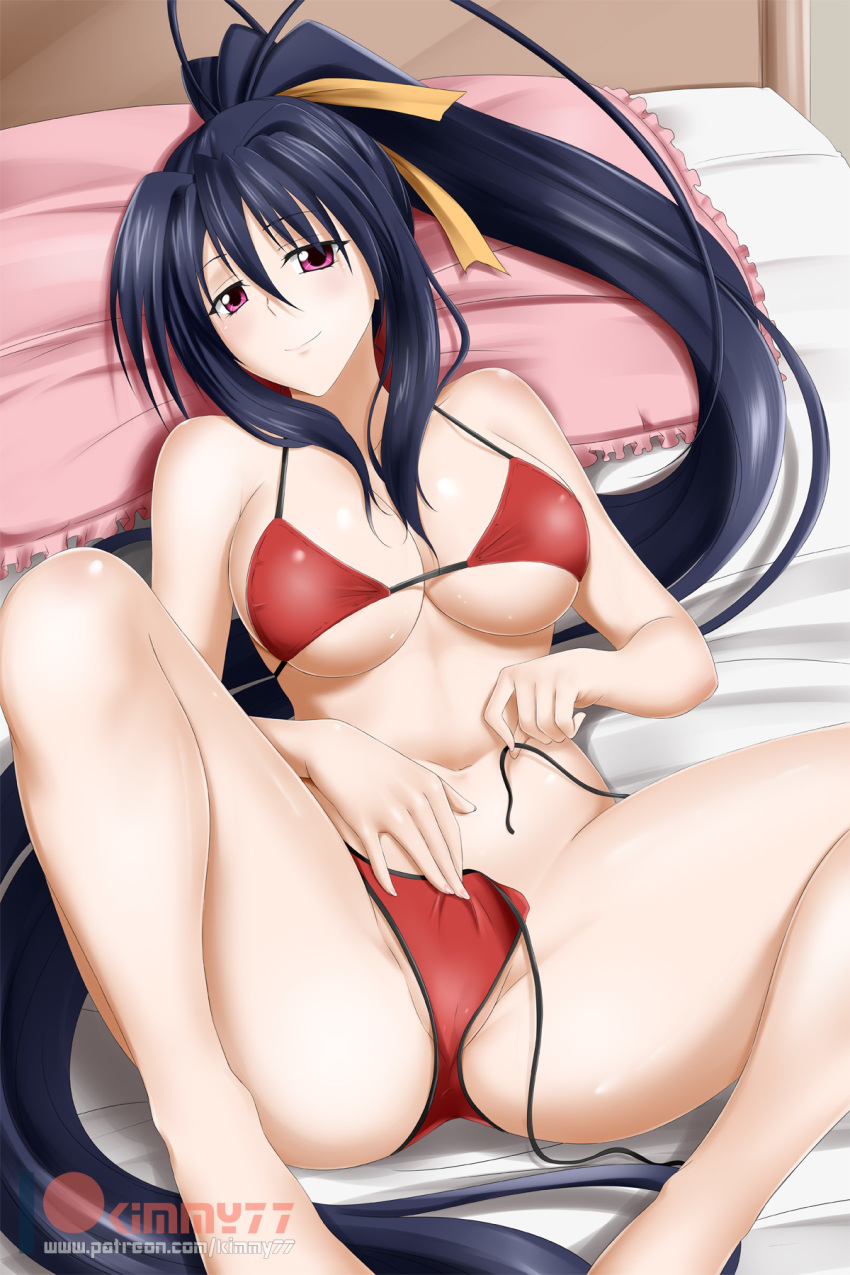 1girl alfred_cullado bed_sheet bikini black_hair breasts cleavage collarbone eyebrows_visible_through_hair frilled_pillow frills hair_between_eyes hair_ribbon high_ponytail high_school_dxd highres himejima_akeno large_breasts long_hair looking_at_viewer lying on_back on_bed orange_ribbon patreon_logo pillow pink_pillow red_bikini red_eyes ribbon shiny shiny_skin side-tie_bikini sideboob smile solo swimsuit underboob untied untied_bikini very_long_hair watermark web_address