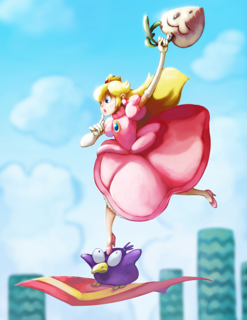 absurd_res avian bird blonde_hair blue_eyes carpet clothing crown dress duo feathers female food footwear gloves hair hi_res high_heels human human_focus j2dstar magic_carpet mammal mario_bros nintendo pidgit princess princess_peach purple_feathers royalty shoes turnip vegetable video_games