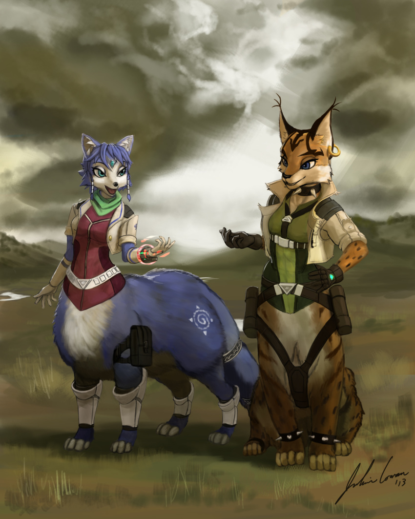 2013 alternate_species belt black_fur black_nose blue_eyes blue_fur blue_hair bottomless bracelet braided_hair canid canid_taur canine canine_taur cheek_tuft clothed clothing cloud cloudy collar detailed detailed_background digital_media_(artwork) duo ear_piercing eyebrows eyeslashes felid felid_taur feline feline_taur female fluffy fluffy_tail foulard fox fox_taur fur gloves grass green_eyes hair head_jewelry hi_res hologram inner_ear_fluff jacket jecbrush jewelry krystal lynx_taur mammal miyu_lynx mountain multicolored_fur nintendo open_mouth outside partially_clothed piercing river signature sitting sky spots spotted_fur standing star_fox tailband tan_fur taur taurification teardrop_(jewelry) tuft two_tone_fur video_games white_fur