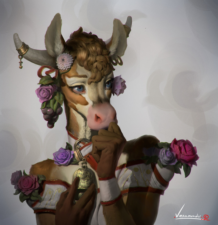 anthro bell blue_eyes bovid bovine bust_portrait cattle clothed clothing ear_piercing eyelashes flower food fruit grapes hair horn jewelry mammal piercing plant portrait rose_(flower) solo veramundis