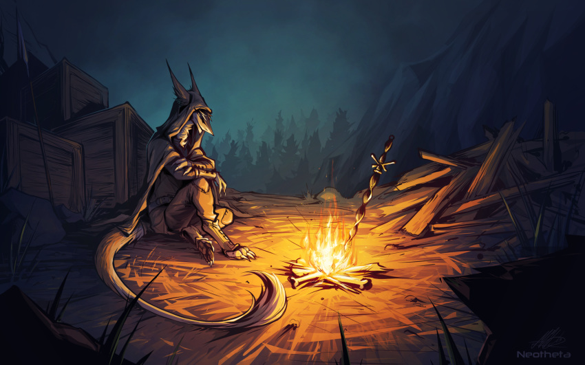 16:10 2019 ambiguous_gender anthro bonfire clothed clothing dark_souls detailed_background digital_media_(artwork) fromsoftware grass hi_res melee_weapon neotheta night outside sergal solo sword video_games weapon