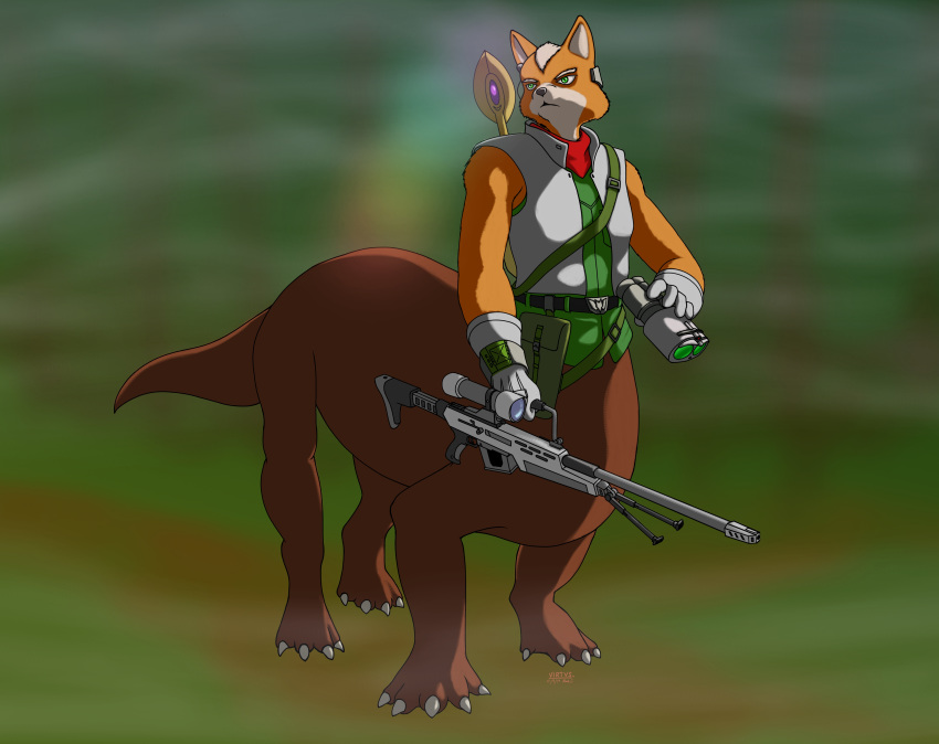 2015 5_fingers absurd_res binoculars black_nose blank_stare blurred_background bottomless canid canid_taur canine canine_taur claws clothed clothing dinosaur dinosaur_taur eyebrows foulard fox fox_mccloud fox_taur fur gloves green_eyes gun headphones headset hi_res holding_object holding_weapon mammal manusextraordinarii melee_weapon multicolored_fur musclegut muzzle_brake nintendo open_mouth orange_fur outside polearm rainforest ranged_weapon reptile reptile_taur rifle scalie scalie_taur signature sniper_rifle solo spear standing star_fox taur two_tone_fur vest video_games weapon white_fur