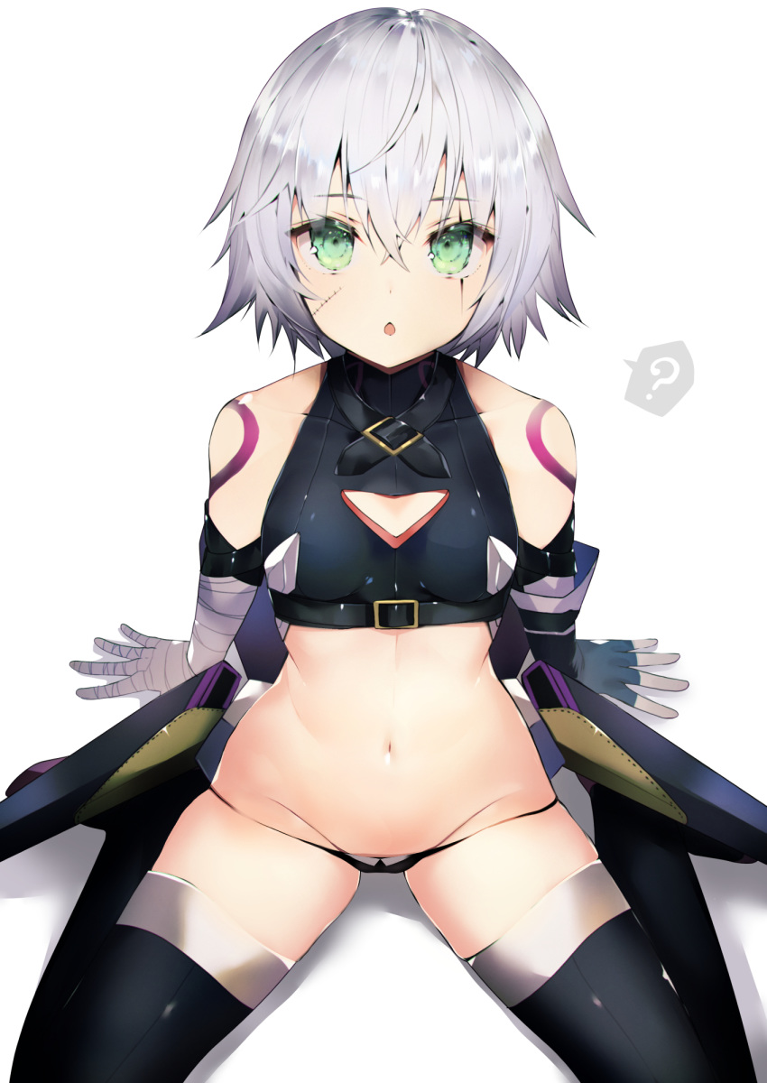 1girl ? bandage bandaged_arm bandages bangs banned_artist bare_shoulders black_panties blush breasts facial_scar fate/apocrypha fate_(series) gloves green_eyes hair_between_eyes highres jack_the_ripper_(fate/apocrypha) looking_at_viewer lowleg lowleg_panties navel open_mouth panties scar scar_across_eye scar_on_cheek shoulder_tattoo silver_hair simple_background single_glove small_breasts solo spoken_question_mark tattoo tetsubuta underwear white_background