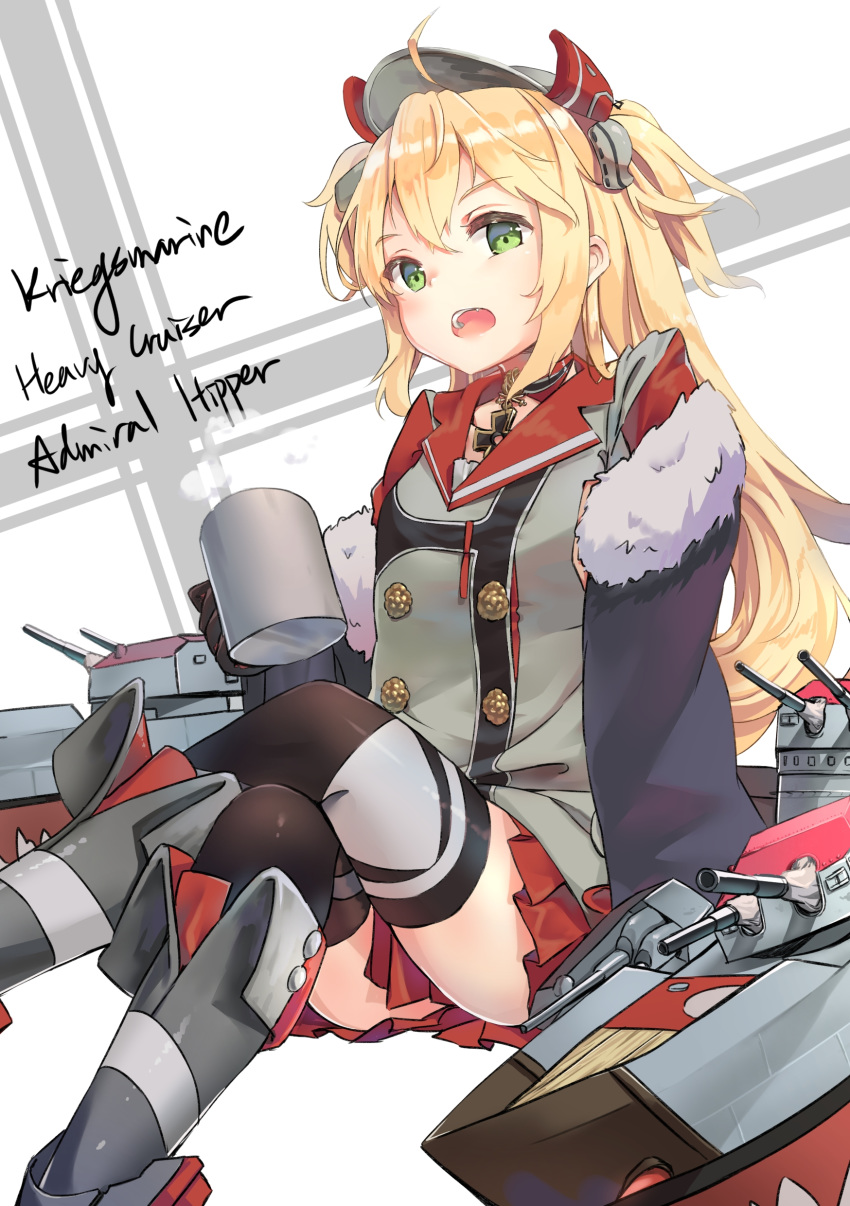 1girl absurdres admiral_hipper_(azur_lane) ahoge azur_lane bangs blonde_hair breasts eyebrows_visible_through_hair green_eyes hair_between_eyes hat headgear highres iron_cross long_hair looking_at_viewer open_mouth rigging solo thighhighs two_side_up wittmann_(ehvr8373)