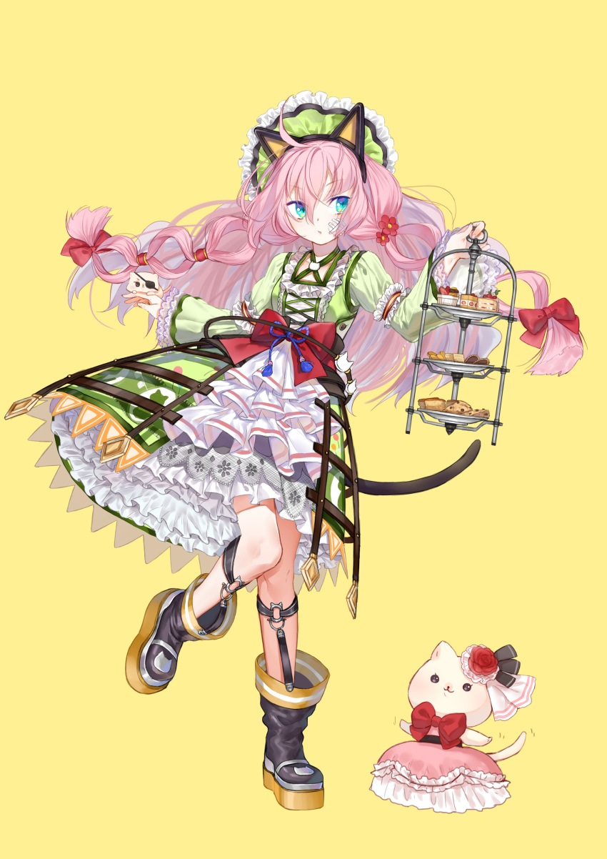 1girl absurdres ahoge amatou_cacao animal animal_ears animal_on_hand aqua_eyes black_footwear boots bow braid cake cat cat_ears cat_tail chocolate_chip_cookie clothed_animal commentary_request cookie criss-cross_halter cross-laced_clothes dress eyepatch fake_animal_ears floating_hair flower food frilled_dress frills fruit full_body green_dress hair_bow hair_flower hair_ornament hairband halterneck highres holding holding_tray lace-trimmed_sleeves leg_up lolita_fashion long_hair long_sleeves looking_to_the_side maid maid_headdress o-ring original parted_lips petticoat pink_hair red_bow rose side_braid simple_background slice_of_cake standing standing_on_one_leg strawberry strawberry_shortcake tail tiered_tray tray twin_braids very_long_hair white_cat yellow_background