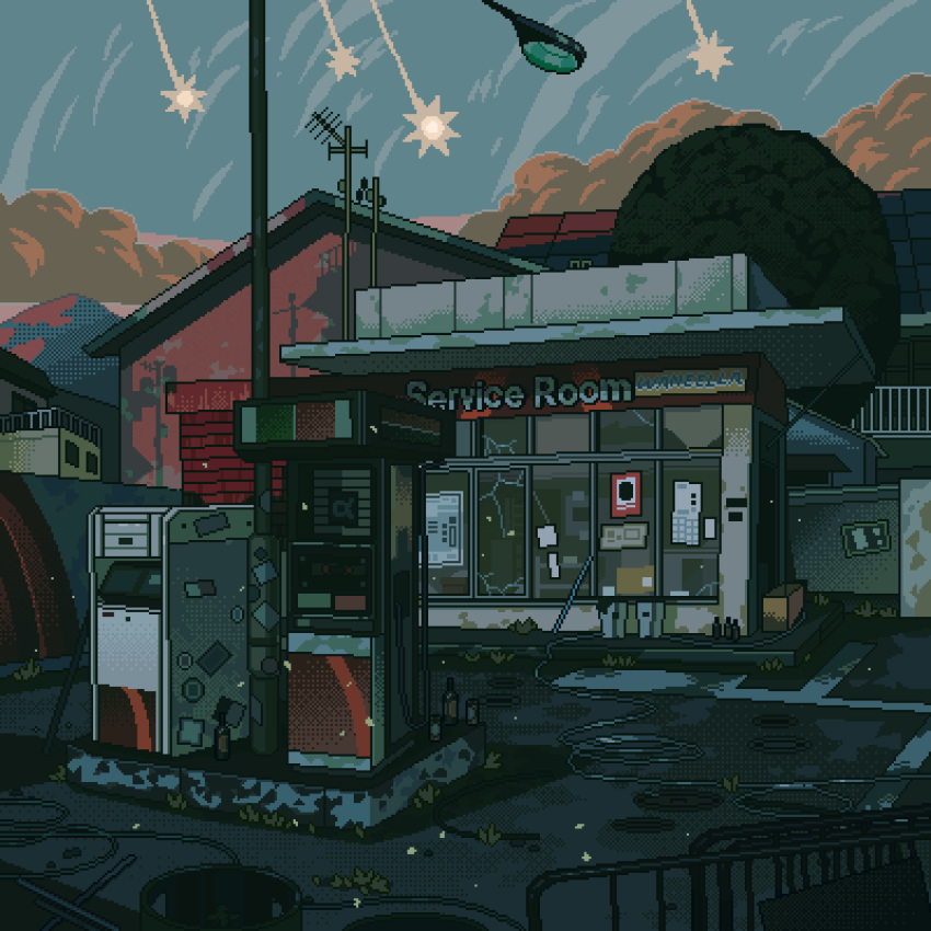 animated animated_gif antennae artist_name blue_sky cracked day gas_pump gas_station highres lamppost no_humans original outdoors pixel_art puddle road scenery shooting_star sky waneella