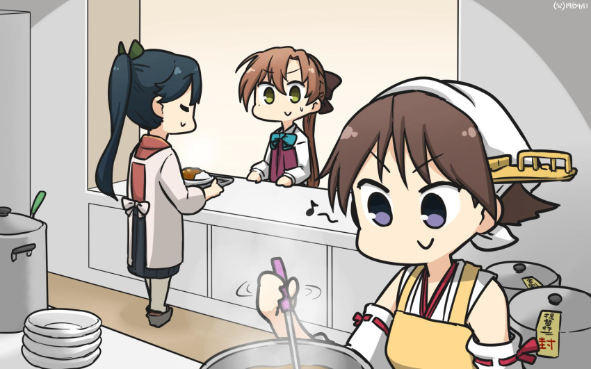 3girls akigumo_(kantai_collection) apron black_hair brown_hair commentary_request cooking counter dated detached_sleeves eyes_closed flipped_hair green_eyes hair_ribbon hakama hamu_koutarou headgear hiei_(kantai_collection) high_ponytail highres houshou_(kantai_collection) japanese_clothes kantai_collection kappougi kimono ladle long_hair multiple_girls plate ponytail pot purple_eyes ribbon ribbon-trimmed_sleeves ribbon_trim school_uniform short_hair smile yellow_apron