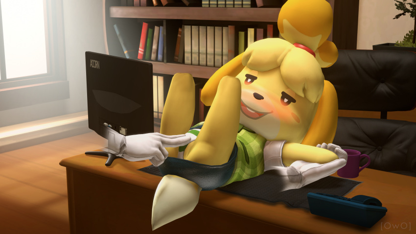 16:9 3d_(artwork) 4k absurd_res ambiguous_gender animal_crossing anthro bedroom_eyes blush canid canine canis chair clothed clothing desk digital_media_(artwork) disembodied_hand domestic_dog duo female female/ambiguous fur half-closed_eyes hi_res isabelle_(animal_crossing) lying mammal monitor nintendo on_back open_mouth owo_sfm panties seductive shirt skirt smile solo_focus underwear video_games yellow_fur