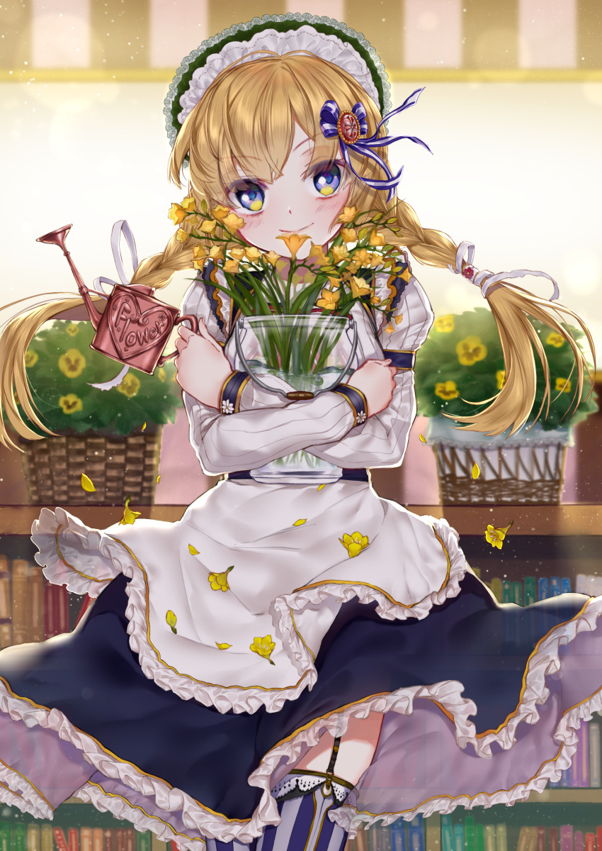 1girl absurdres amatou_cacao apron blue_eyes blue_skirt blurry blurry_background blush book bookshelf bow braid commentary_request cowboy_shot crossed_arms english_text flower flower_pot freesia_(flower) frilled_apron frills garter_straps hair_bow hair_ribbon highres holding holding_watering_can indoors long_hair long_sleeves looking_back maid maid_headdress original pansy petals ribbon skirt smile solo striped striped_legwear thighhighs twin_braids vertical-striped_legwear vertical_stripes watering_can yellow_flower