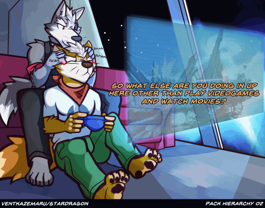 animated anthro canid canine canis collar eye_patch eyewear fox fox_mccloud male mammal neckerchief nintendo pack_heirarchy paws star_fox super_smash_bros text ventkazemaru video_games whiskers wolf wolf_o'donnell