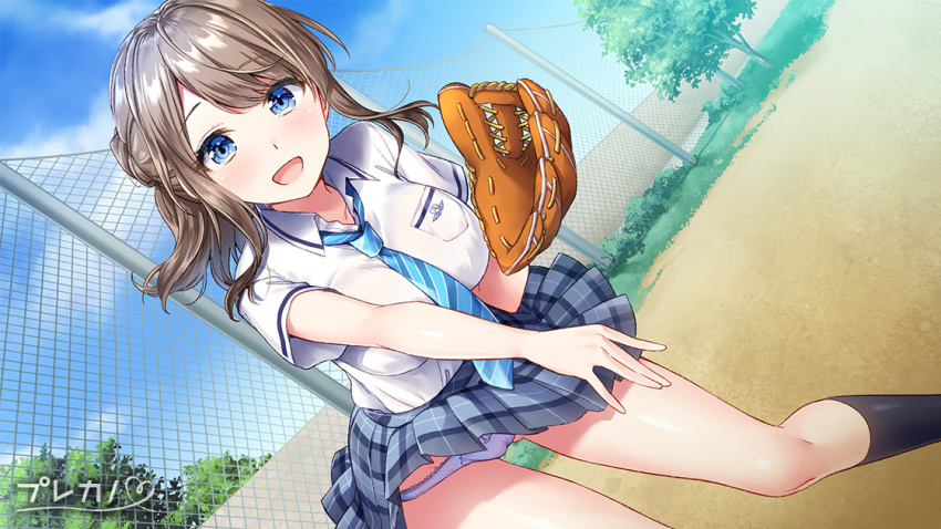 1girl :d ama_mane black_legwear blue_eyes blue_neckwear blue_panties blue_sky blush breast_pocket breasts brown_hair cameltoe chain-link_fence cloud collarbone collared_shirt day dutch_angle fence gluteal_fold grass grey_skirt hair_bun half_updo kneehighs large_breasts long_hair looking_at_viewer masuishi_kinoto miniskirt necktie official_art open_mouth outdoors panties plaid plaid_skirt pleated_skirt pocket school_uniform shirt shirt_tucked_in short_sleeves sidelocks skirt sky smile solo striped striped_neckwear thighs tree underwear white_shirt