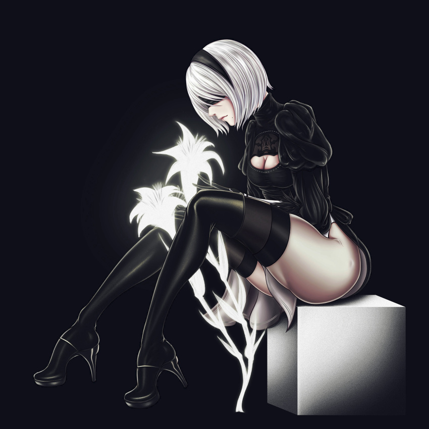 1girl android ass between_legs black_background black_hairband black_theme blindfold boots breasts cleavage cleavage_cutout flower hairband high_heel_boots high_heels highres huge_ass leotard looking_back nier_(series) nier_automata short_hair silver_hair sitting small_breasts solo thigh_boots thighhighs thong_leotard yorha_no._2_type_b