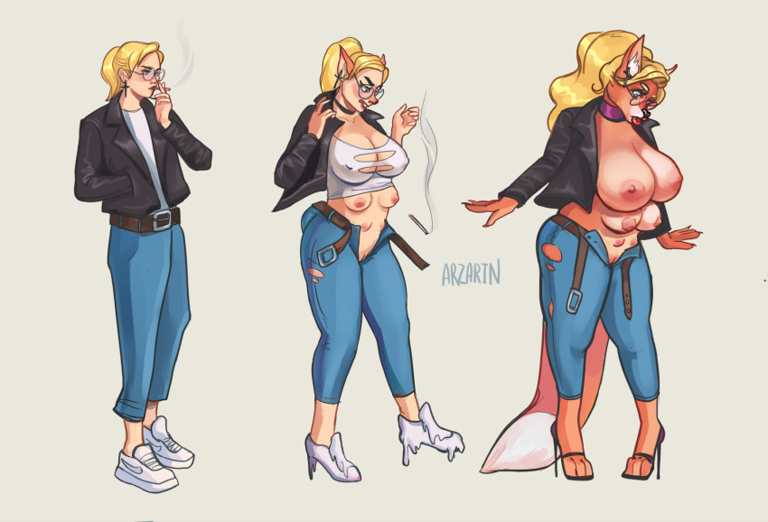 2019 6_breasts annoyed anthro arzarin big_breasts bimbofication blonde_hair breast_expansion breasts butt_expansion canid canine choker clothing eyewear female footwear fox glasses hair hi_res high_heels huge_breasts human human_to_anthro jacket jeans long_hair mammal multi_breast nipples pants ponytail pussy sequence shirt shoes simple_background smoking solo standing surprise tail_growth torn_clothing transformation