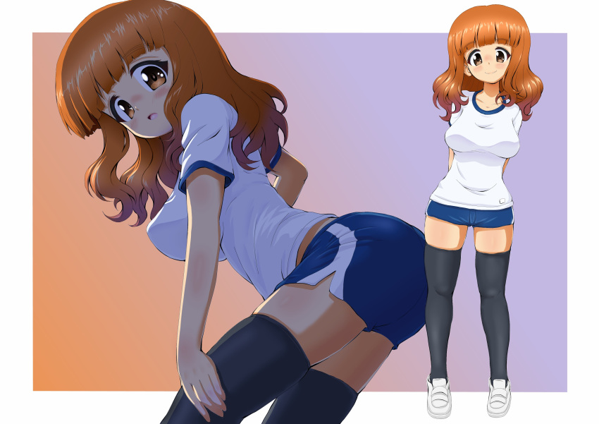 1girl :o absurdres adjusting_clothes adjusting_legwear arms_behind_back bangs black_legwear blue_shorts blunt_bangs blush breasts closed_mouth commentary_request daxz240r eyebrows_visible_through_hair girls_und_panzer gradient gradient_background gym_shorts highres leaning_forward leaning_to_the_side light_frown loafers long_hair looking_at_viewer medium_breasts multiple_views open_mouth orange_eyes orange_hair outside_border shirt shoes short_shorts short_sleeves shorts single_vertical_stripe skindentation smile standing t-shirt takebe_saori thighhighs thighs white_footwear white_shirt