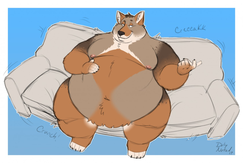 anthro beckoning belly big_belly brown_fur canid canine canis chair_breaking chubby_cheeks claws coyote duly_noted fur hand_on_stomach male mammal moobs navel nipples nude obese obese_male overweight overweight_male sitting smile smirk sofa solo thick_thighs toe_claws