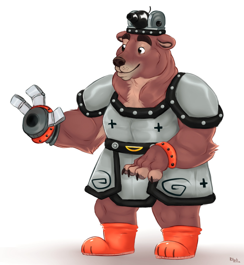 anthro armor bearstomp boots brown_body brown_eyes canon claws clothed clothing digital_media_(artwork) footwear fur helmet hero:_108 hi_res male mammal mechanical_hand pollech prosthetic prosthetic_hand ranged_weapon simple_background smile solo standing ursid weapon white_background