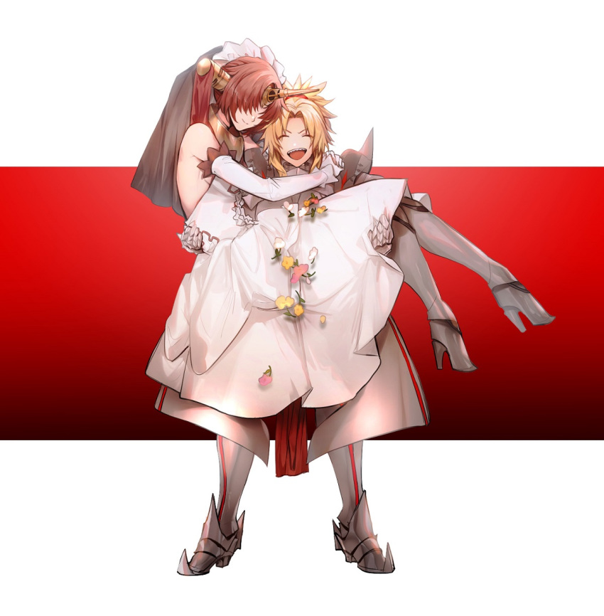 2girls armor blonde_hair carrying detached_sleeves dress eyes_closed fate/apocrypha fate_(series) flower frankenstein's_monster_(fate) gauntlets gloves greaves high_heels highres horn laughing mordred_(fate)_(all) multiple_girls no-kan princess_carry wedding_dress
