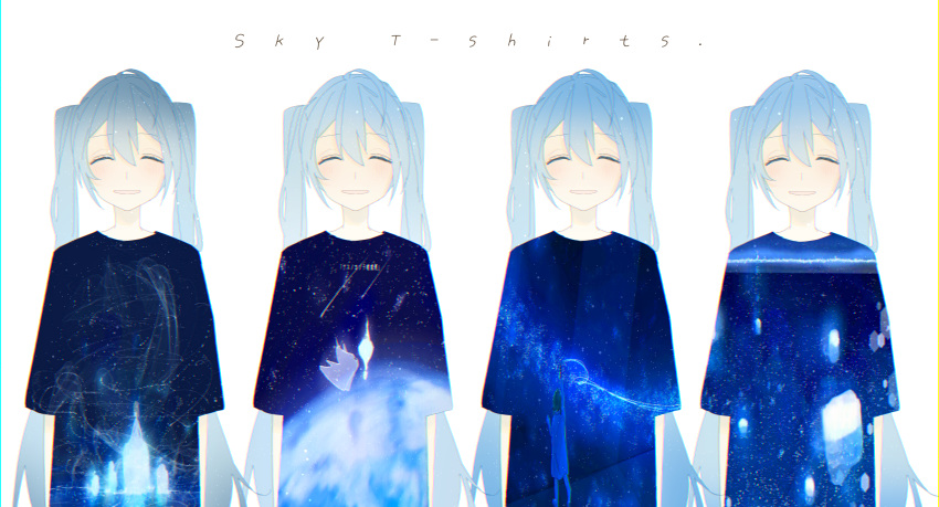 absurdres artist_self-reference blue_hair commentary eyes_closed hatsune_miku highres light_blush long_hair night night_sky re_eva shirt shooting_star sky smile star_(sky) starry_sky t-shirt twintails upper_body variations very_long_hair vocaloid white_background