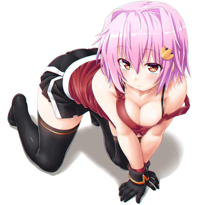 1girl all_fours bare_shoulders black_bra black_gloves black_legwear black_skirt blush bra breasts cleavage closed_mouth collarbone dd_(ijigendd) eyebrows_visible_through_hair full_body gloves hair_between_eyes hair_ornament highres kantai_collection looking_at_viewer medium_breasts no_shoes pink_hair red_eyes red_tank_top short_hair simple_background skirt solo strap_slip tama_(kantai_collection) tank_top thighhighs underwear white_background zettai_ryouiki