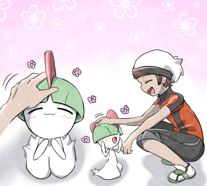 2018 ambiguous_gender blush clothed clothing duo eyes_closed flower happy hi_res human humanoid kashiwa male mammal nintendo open_mouth petting plant pok&eacute;mon pok&eacute;mon_(species) pok&eacute;mon_trainer ralts simple_background smile video_games