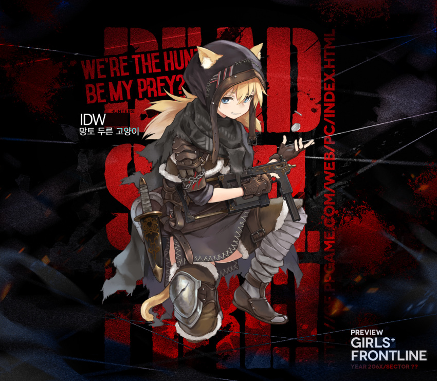 1girl alternate_costume animal_ears bangs black_cape blonde_hair blue_eyes brown_gloves bushman_idw cape cat_ears chains fingerless_gloves girls_frontline gloves gun hair_between_eyes highres holding holding_gun holding_weapon idw_(girls_frontline) long_hair looking_at_viewer official_art smile solo submachine_gun tail token torn_cape torn_clothes twintails weapon