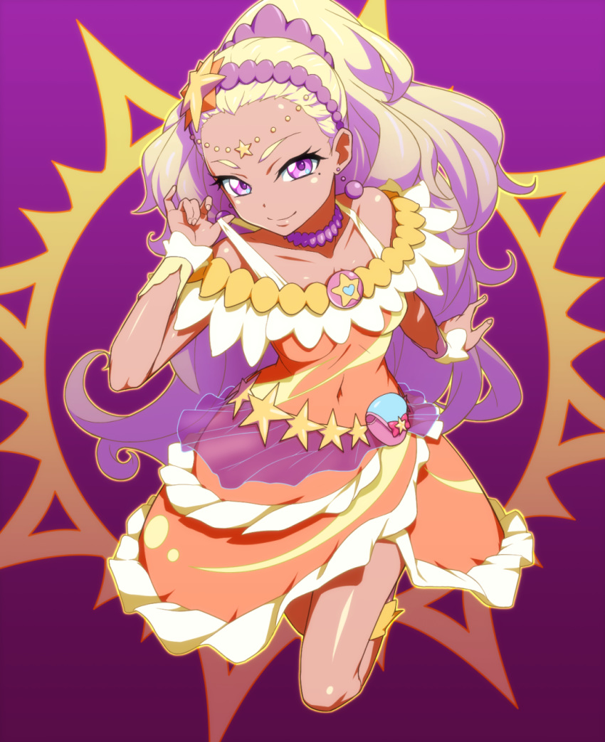 1girl amamiya_erena bare_shoulders blonde_hair choker circlet commentary covered_navel cure_soleil dark_skin dress highres long_hair looking_at_viewer mole mole_under_eye orange_dress ponytail pouch precure purple_choker purple_earrings purple_eyes smile solo star_twinkle_precure strap_pull uganda very_long_hair