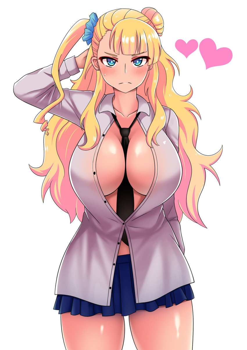 1girl absurdres arms_behind_back between_breasts blonde_hair blue_eyes blush breasts buttons cleavage closed_mouth collared_shirt earrings embarrassed galko hair_bun hand_behind_head heart highres jewelry large_breasts long_hair looking_at_viewer miniskirt necktie no_bra open_clothes open_shirt oshiete!_galko-chan scrunchie shirt side_ponytail simple_background skirt solo standing tan the_only_shoe thick_thighs thighs wavy_hair white_shirt