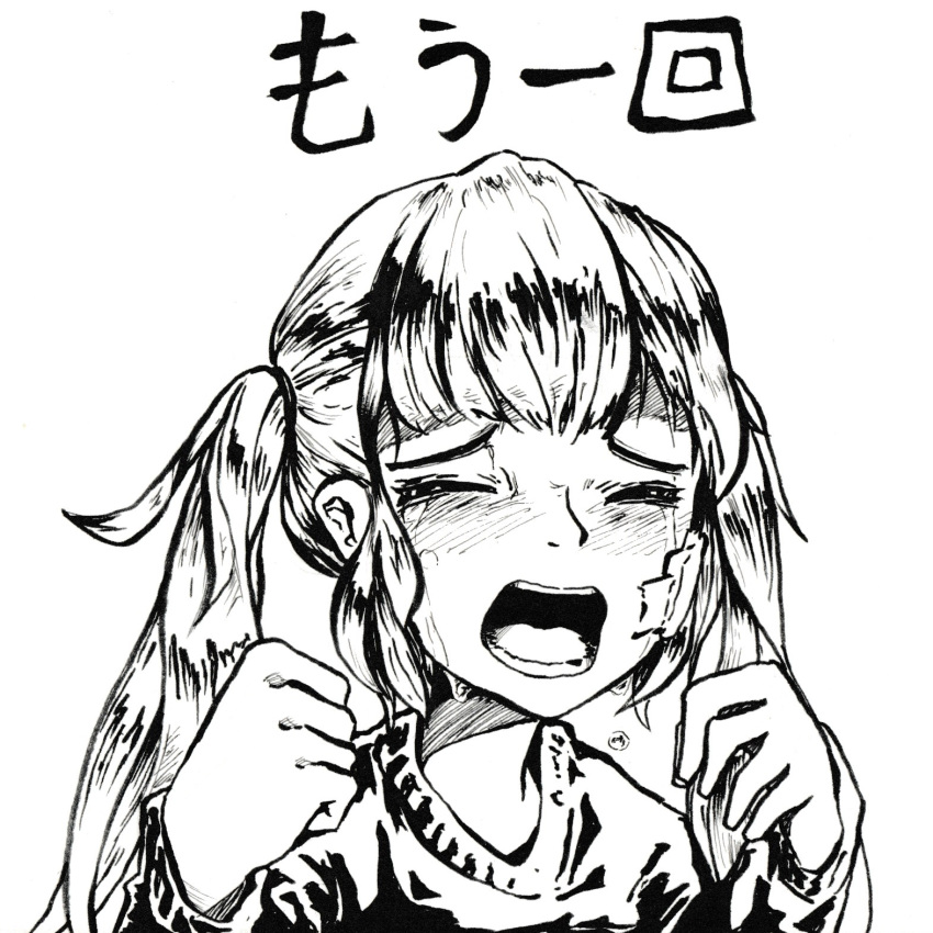 1girl arms_up bandage_on_face blazer blush crying greyscale hands hatsune_miku highres jacket monochrome open_mouth pompmaker1 rolling_girl_(vocaloid) sad tears traditional_media twintails upper_body