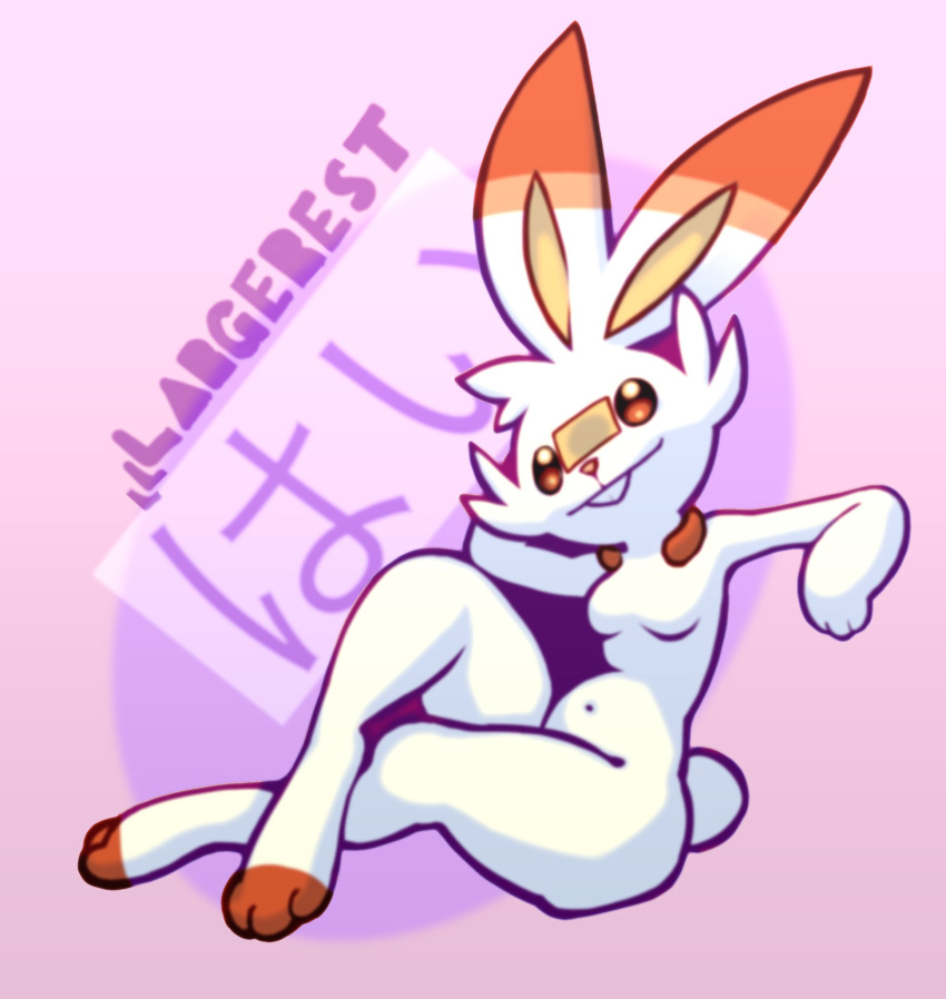 2019 3_fingers 3_toes anthro biped breasts cheek_tuft digital_media_(artwork) dipstick_ears featureless_breasts female fur hi_res japanese_text lagomorph largerest long_ears looking_at_viewer mammal multicolored_ears navel nintendo nude orange_ears pink_background pink_nose pok&eacute;mon pok&eacute;mon_(species) pose scorbunny short_tail signature simple_background sitting solo teeth text toeless_(marking) toes translated tuft video_games white_ears white_fur white_tail