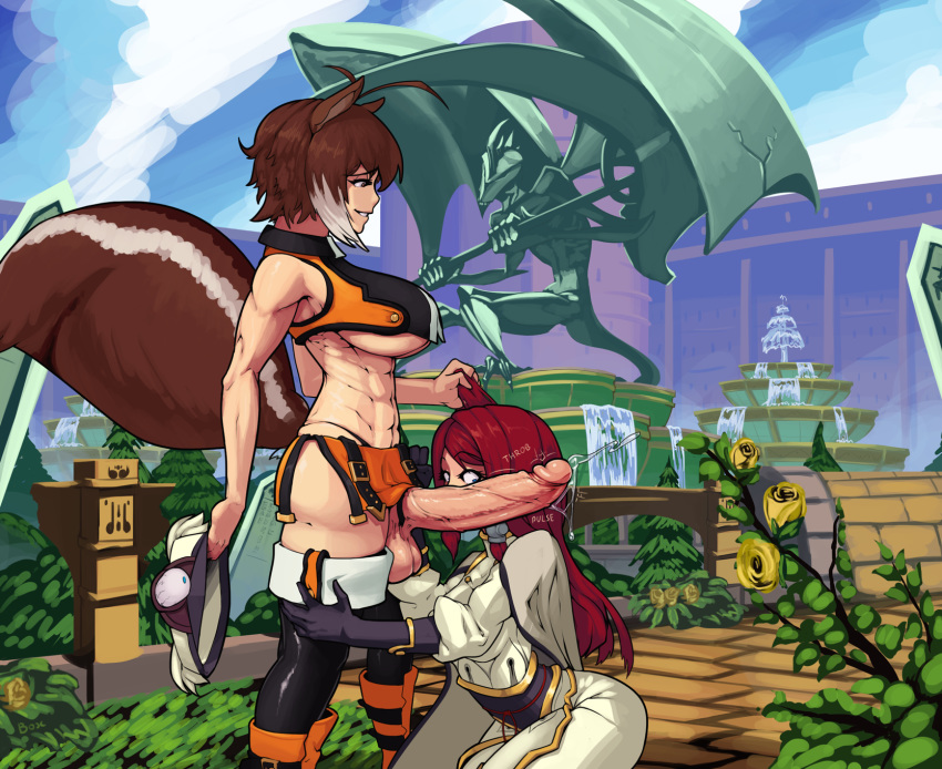 animal_humanoid athletic balls big_balls big_breasts big_penis blazblue boxman breasts brown_fur brown_hair clothed clothing detailed_background dickgirl dickgirl/female duo erection female fully_clothed fur hair hair_grab hi_res human humanoid humanoid_penis intersex intersex/female kneeling long_hair makoto_nanaya mammal outside partially_clothed penis precum red_hair rodent rodent_humanoid sciurid sciurid_humanoid smile squirrel_humanoid standing under_boob video_games