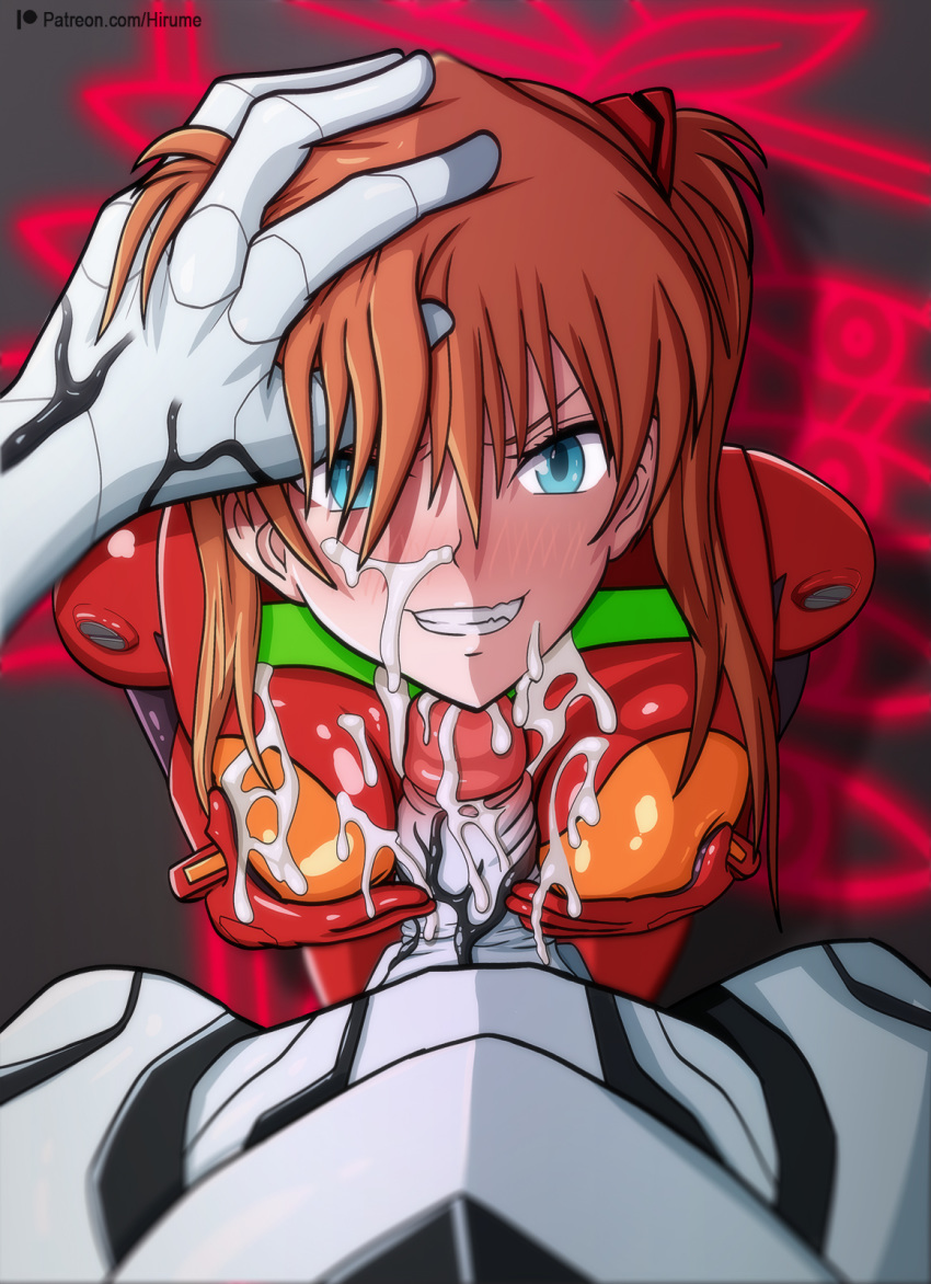 1girl 90s aftersex aqua_eyes blush bodysuit breast_hold breasts brown_hair cum cum_on_body cum_on_breasts cum_on_clothes cum_on_upper_body end_of_evangelion eyebrows facial grin hair_grab hair_ornament hair_over_eyes hand_on_another's_head hand_on_anothers_head hand_on_head highres hirume interspecies kneeling large_penis long_hair mass_production_eva monster monster_boy neon_genesis_evangelion orange_hair paizuri paizuri_over_clothes patreon_username penis pilot_suit plugsuit pov pov_eye_contact pov_hands skin_tight small_breasts smile solo_focus soryu_asuka_langley teeth uncensored veins veiny_penis