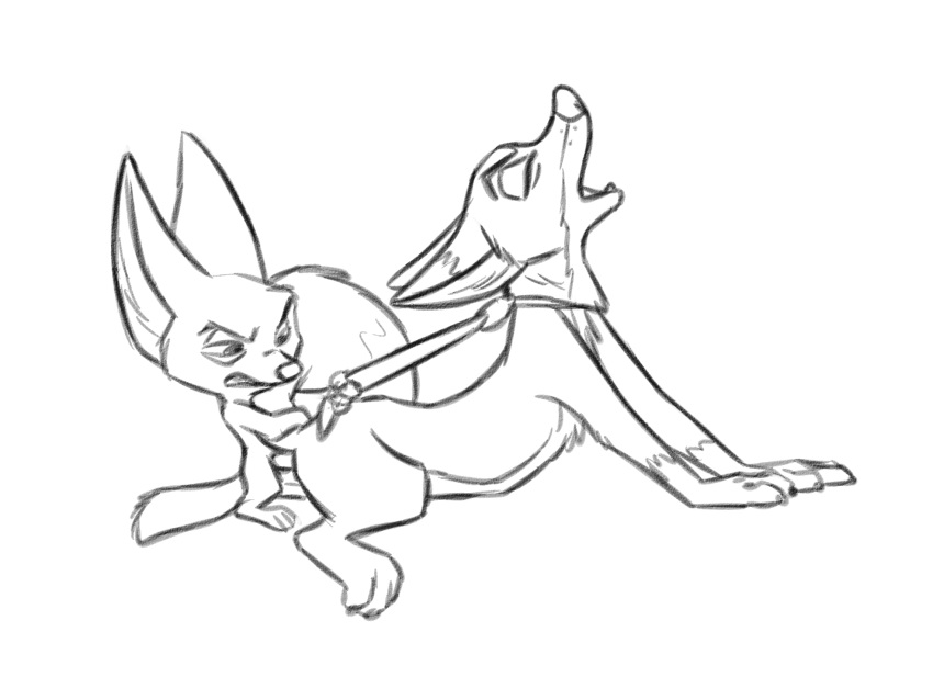 anal anal_penetration canid canine clenched_teeth clothing_pull disney duo eyes_closed fennec finnick fox from_behind_(disambiguation) hi_res lying male male/male mammal moan monochrome necktie nick_wilde nude on_front penetration penis sex side_view simple_background size_difference sketch small_dom_big_sub teeth the_giant_hamster tie_pull zootopia