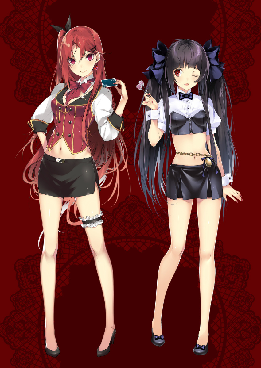 2girls absurdres bangs belly_chain black_bow black_footwear black_hair black_neckwear black_skirt blue_bow blunt_bangs bow card collared_shirt crop_top detached_collar floating_hair full_body hair_between_eyes hair_bow hair_ornament hairclip hand_on_hip hario_4 highres holding holding_card jewelry lavalliere long_hair long_sleeves looking_at_viewer midriff miniskirt multiple_girls nail_polish navel one_eye_closed original pencil_skirt pleated_skirt pumps red_background red_eyes red_hair red_nails red_neckwear shirt shoe_bow shoes short_sleeves side_ponytail side_slit skirt standing stomach thigh_strap twintails very_long_hair white_shirt wrist_cuffs