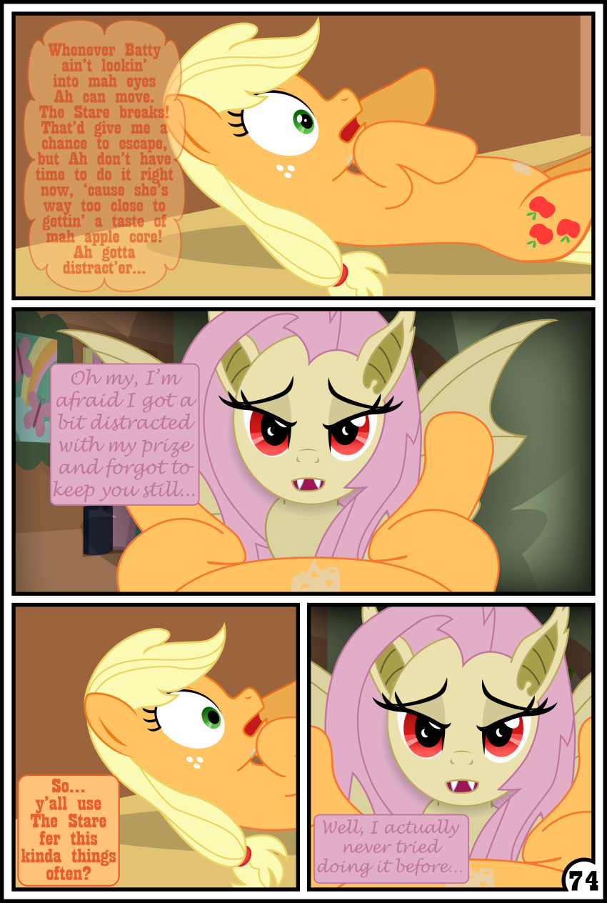 2019 absurd_res applejack_(mlp) bat_pony blonde_hair chatting comic dialogue ear_tuft equid eyelashes fangs female female/female flutterbat_(mlp) fluttershy_(mlp) freckles friendship_is_magic green_eyes gutovi-kun hair hairband hi_res mammal membranous_wings my_little_pony pink_hair red_eyes speech_bubble tuft wings
