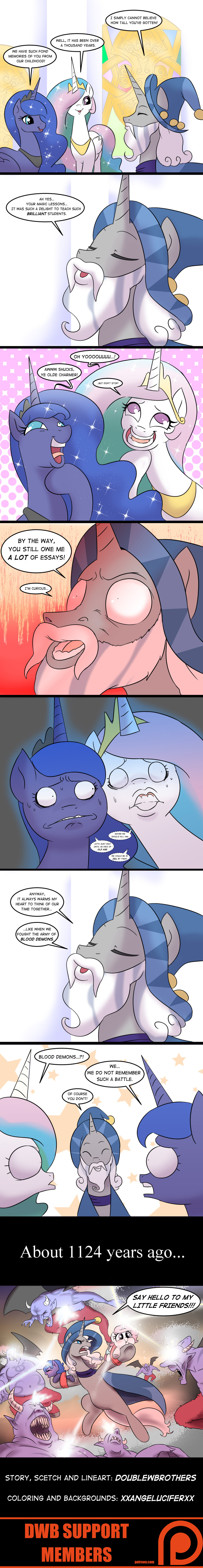 2019 absurd_res angry better_version_at_source comic demon dialogue doublewbrothers english_text equid feathered_wings feathers female feral friendship_is_magic hi_res horn magic male mammal my_little_pony patreon princess_celestia_(mlp) princess_luna_(mlp) scared starswirl_the_bearded_(mlp) superabsurd_res text unicorn winged_unicorn wings young