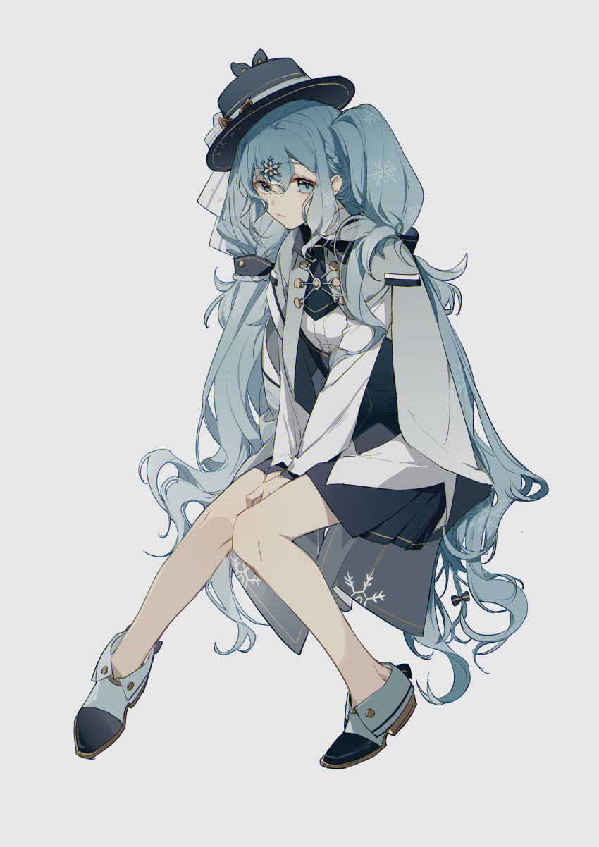 1girl absurdres bangs between_legs black_bow black_headwear black_skirt blue_eyes blue_hair bow braid cape closed_mouth eyebrows_visible_through_hair full_body grey_background grey_cape hair_between_eyes hair_bow hair_ornament hand_between_legs hat hatsune_miku highres knees_together_feet_apart long_hair long_sleeves looking_at_viewer pleated_skirt shirt shoes simple_background sitting skirt snowflake_hair_ornament solo tilted_headwear twintails very_long_hair vocaloid white_footwear white_shirt zhibuji_loom