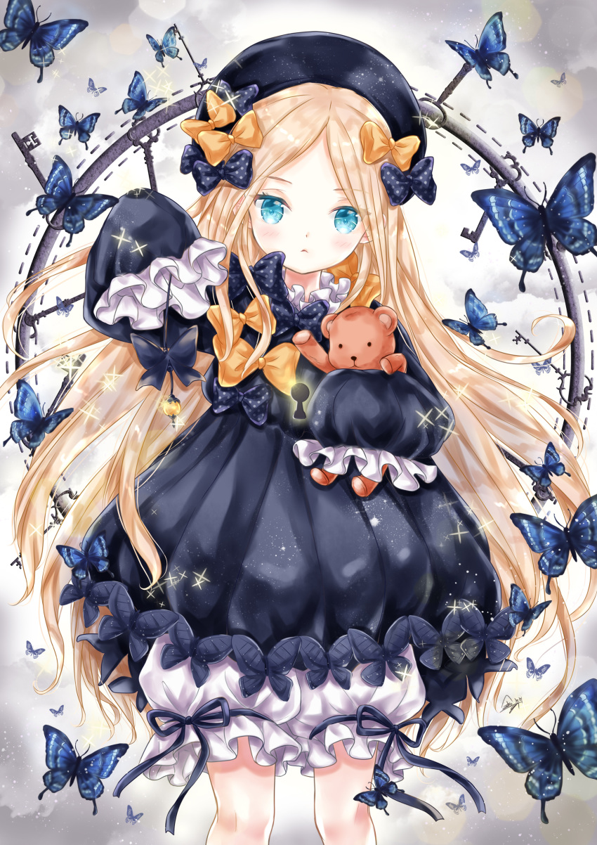 1girl abigail_williams_(fate/grand_order) absurdres animal bangs black_bow black_dress black_headwear blonde_hair bloomers blue_eyes blush bow bug butterfly chohee closed_mouth commentary_request dress fate/grand_order fate_(series) forehead hair_bow hat head_tilt highres holding insect key keyhole light_frown long_hair long_sleeves object_hug orange_bow parted_bangs polka_dot polka_dot_bow sleeves_past_fingers sleeves_past_wrists solo sparkle stuffed_animal stuffed_toy teddy_bear underwear very_long_hair white_bloomers