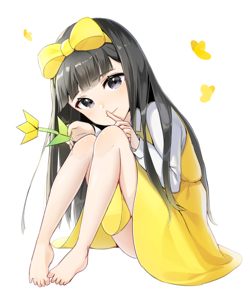 1girl absurdres bangs bare_legs barefoot black_eyes black_hair blunt_bangs bow bug butterfly closed_mouth devotion dress du_meishin eyebrows_visible_through_hair finger_to_mouth flower garglin hair_bow hairband highres index_finger_raised insect leaning_forward long_hair long_sleeves looking_at_viewer pinafore_dress shirt shushing simple_background sitting sleeveless sleeveless_dress smile solo very_long_hair white_background white_shirt yellow_bow yellow_dress yellow_flower yellow_hairband