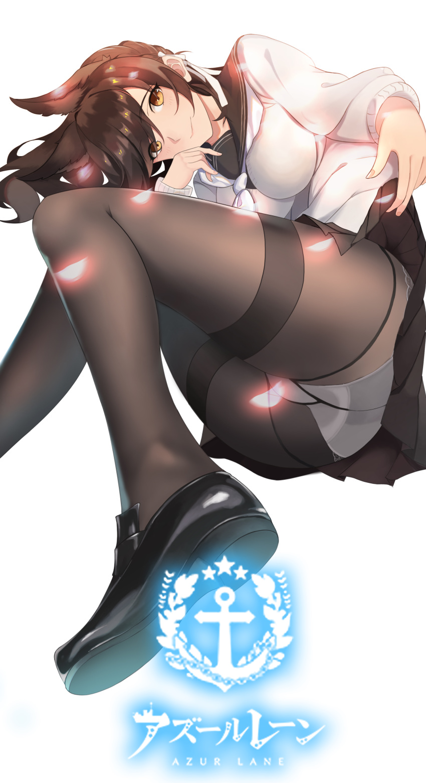 1163186334 1girl absurdres animal_ears ass atago_(azur_lane) azur_lane bangs black_legwear breasts brown_eyes brown_hair cherry_blossoms closed_mouth commentary_request eyebrows_visible_through_hair fingernails highres large_breasts loafers logo long_hair long_sleeves lying medium_breasts on_side panties panties_under_pantyhose pantyhose petals school_uniform shiny shiny_hair shoes simple_background skirt solo thighs underwear white_background